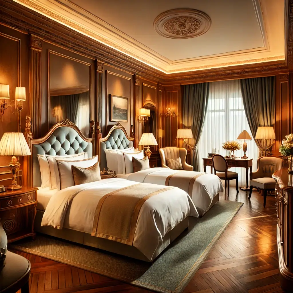 A luxurious hotel room with twin beds.