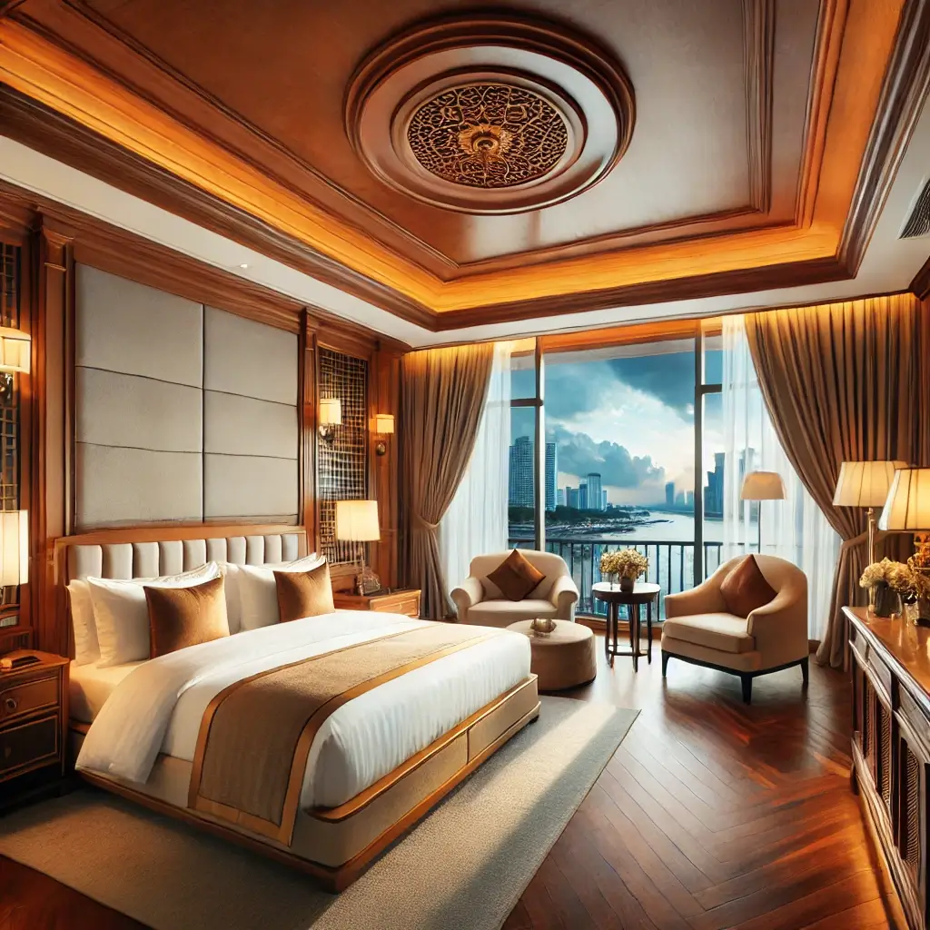 A luxurious hotel room with a large bed and a stunning view.
                    