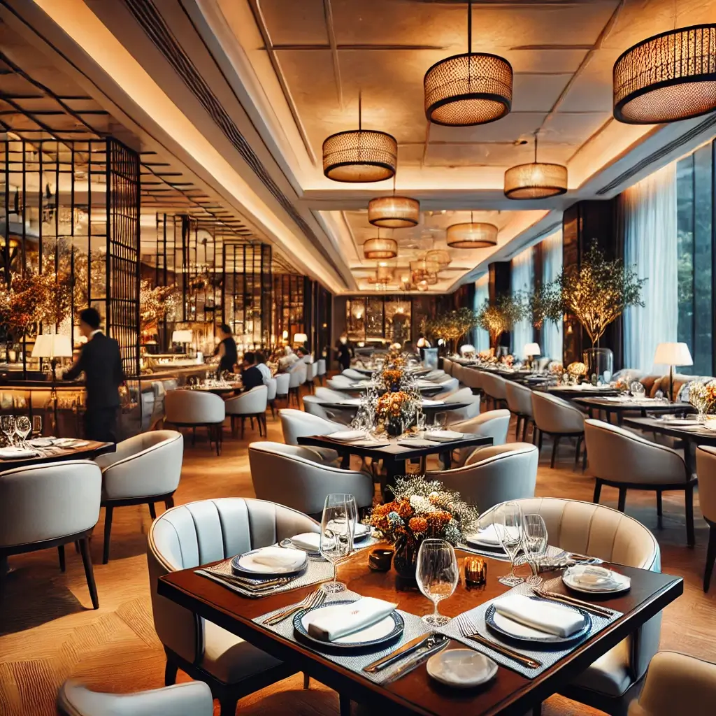 A luxurious hotel restaurant with elegant dining tables.
                    