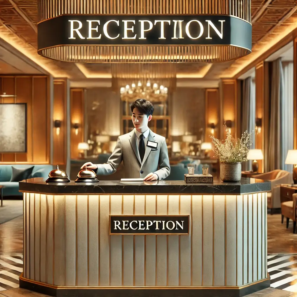 A hotel reception area with a friendly receptionist.
                    