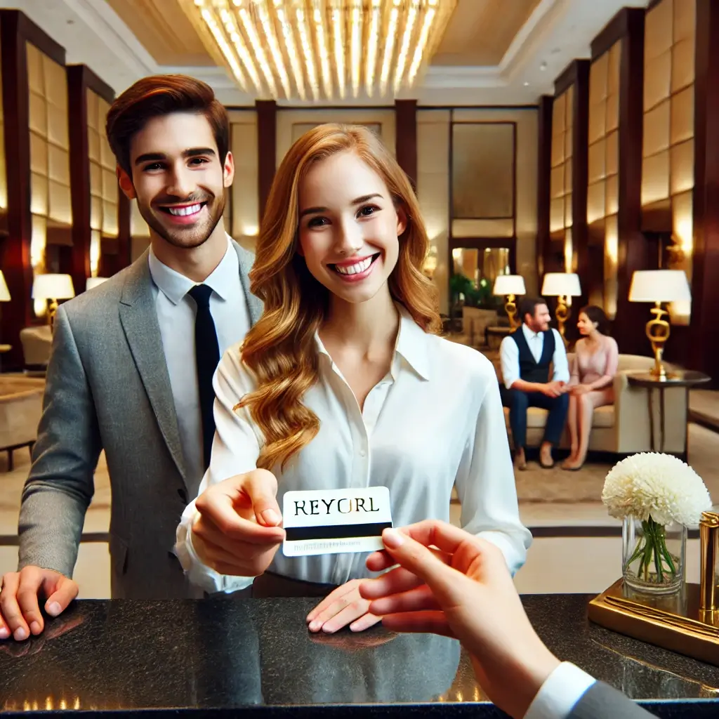 A hotel receptionist handing a keycard to a couple.
                    