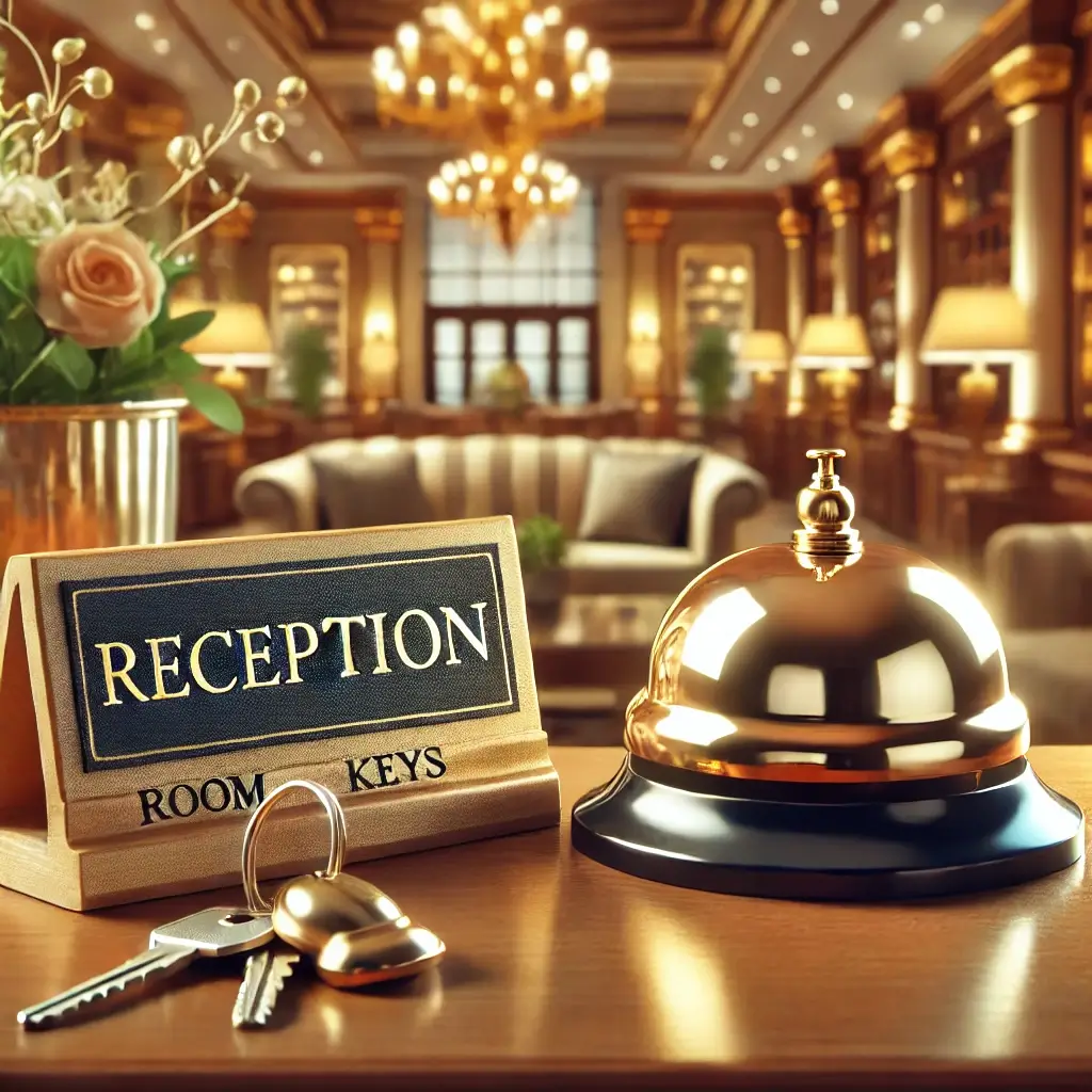 A hotel reception desk with a brass bell and a 'Reception' sign.
                    